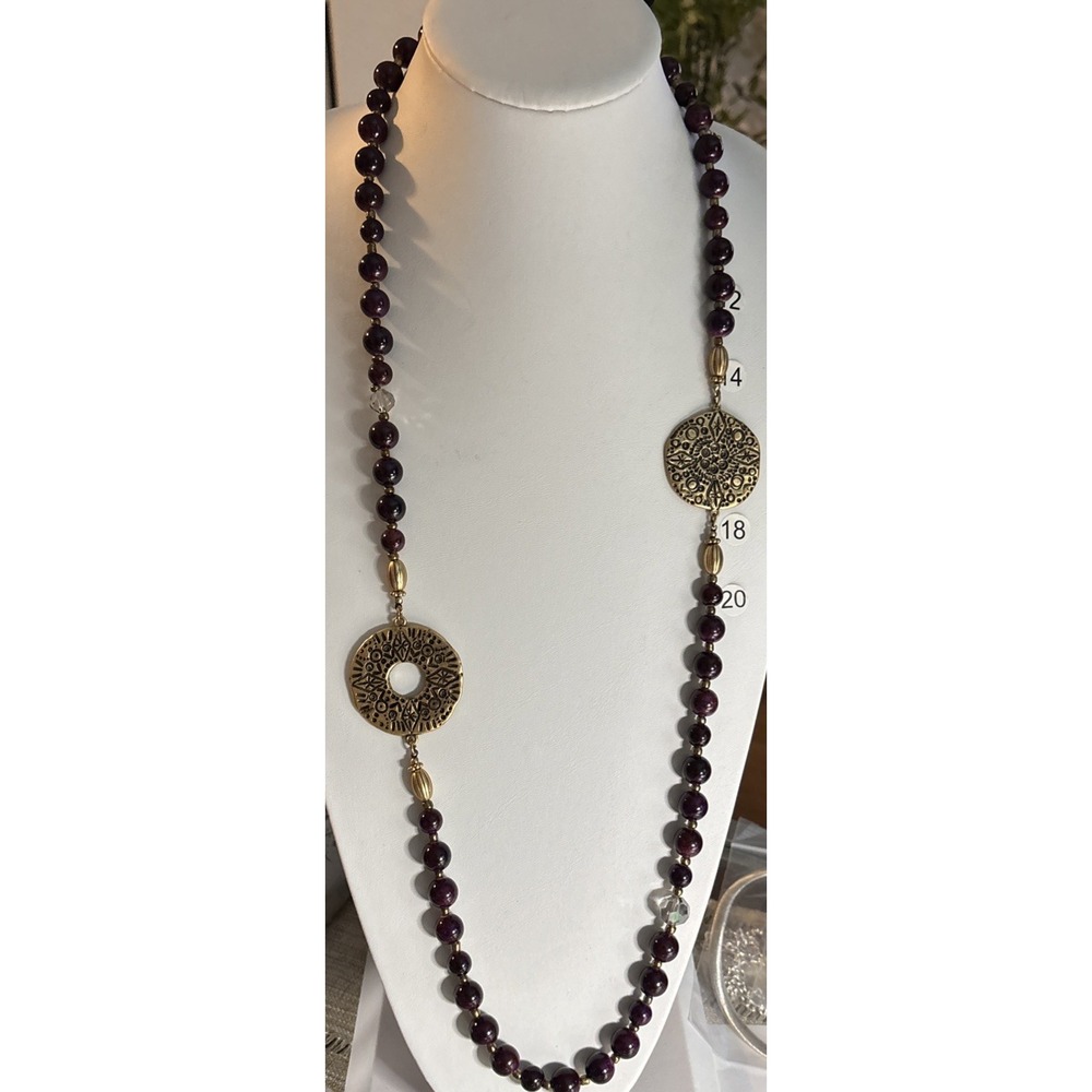 Catherines NWT Purple Beaded Long Necklace Gold Tone Medallions 34 Inch